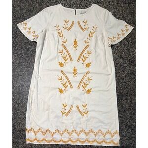Loft White Cotton Embroidered Eyelet Shift Dress Womens Medium Mustard Yellow